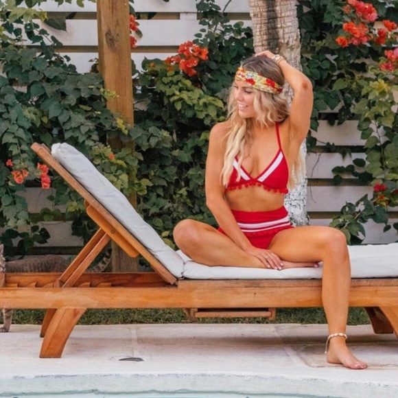 COCOSHIP Red Pom Pom High-waisted Mesh Insert Bikini Set in Floral - Picture 4 of 11